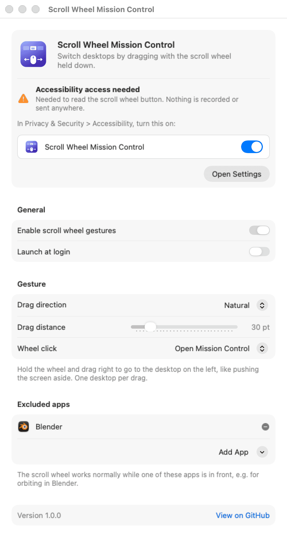 Settings window asking for Accessibility access, showing the switch to turn on