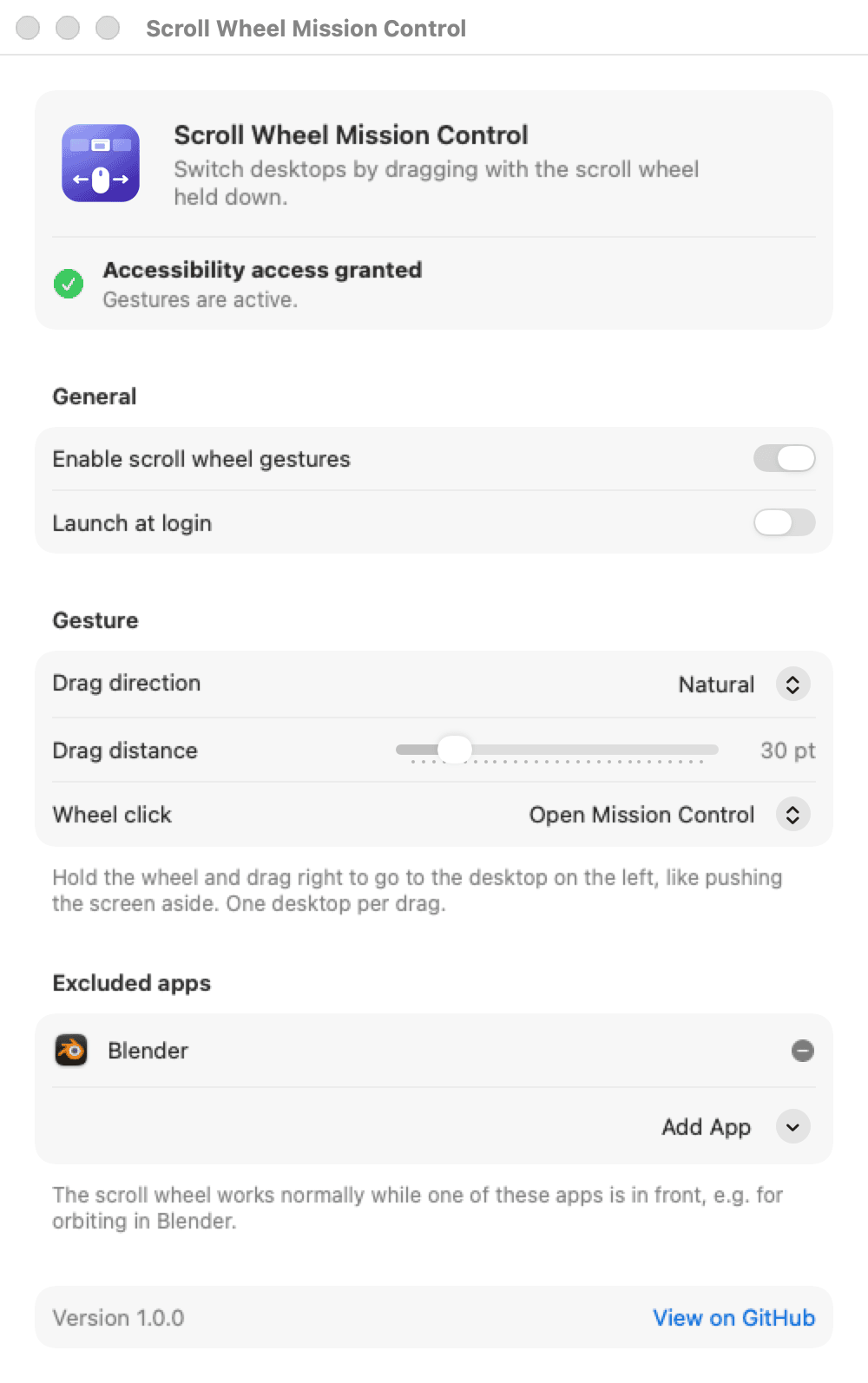 Scroll Wheel Mission Control settings window with drag direction, drag distance, wheel click action and excluded apps